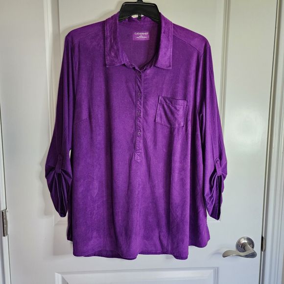 Catherines Faux Suede Top Womens 1X Purple Microfiber Roll Tab Long Sleeve - Picture 3 of 13